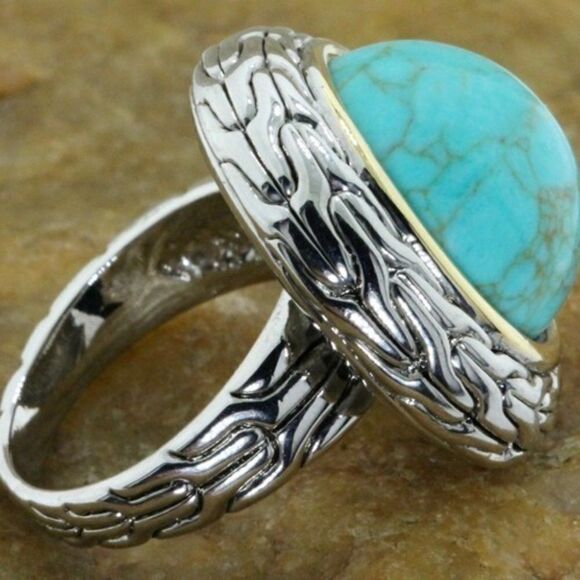 Elite New 18k Gold Lead-Free Large Turquoise Gemstone Ring Size 8 - Picture 3 of 5